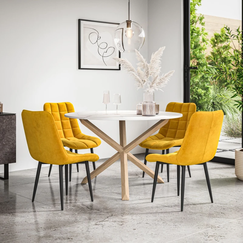 Image of More4Homes Malvern Round Dining Table And Chairs - Marble Table Top W Solid Oak Legs + Nova Velvet Dining Chair Set Of 4 (Mustard)