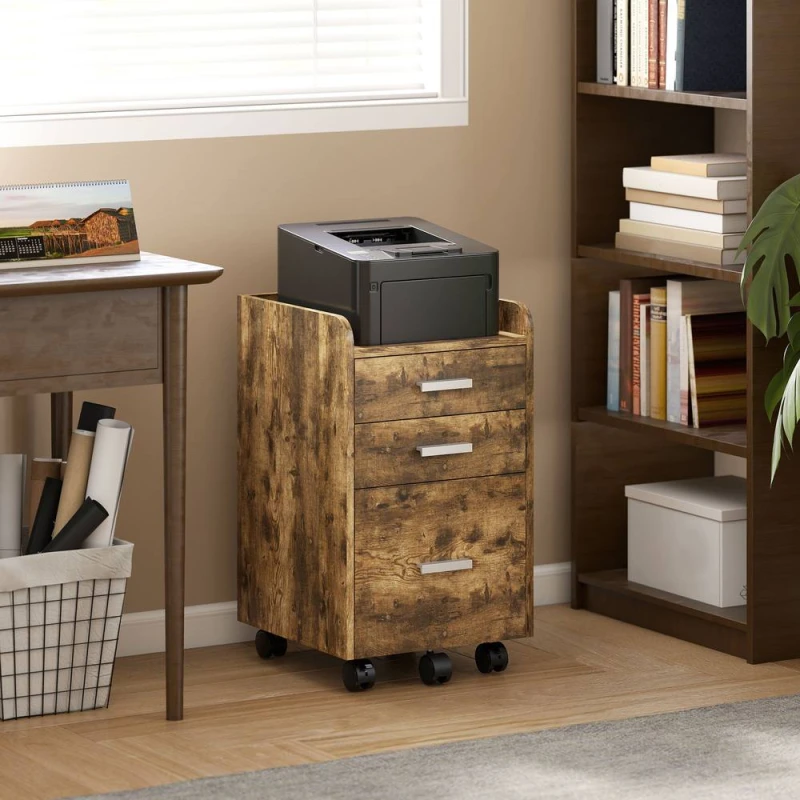 Image of HOMCOM Mobile Filing Cabinet, File Cabinet with 3 Drawers, Rustic Brown Brown Unisex