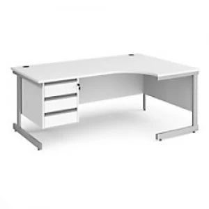 image of Dams International Right Hand Ergonomic Desk with White MFC Top and Silver Frame Cantilever Legs and 3 Lockable Drawer Pedestal Contract 25 1800 x 120