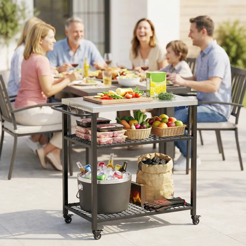 Image of OUTSUNNY Outdoor Grill Cart, Movable Food Prep Table with Wheels, Hooks in Black Unisex