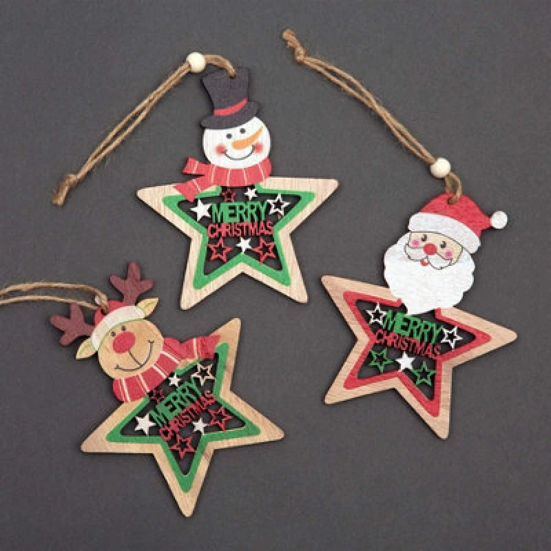 Image of Shatchi Christmas Tree Ornaments Wooden Aesthetic Hanging Decorations Painted Stars 3Pcs Multi