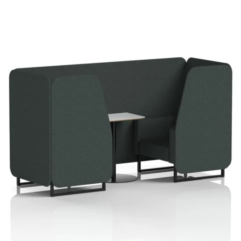 Image of Brixworth 2 Seater Office Booth with Front Panel - Black Legs and White Table with Black Leg in Rivet Fabric - Charcoal Panels and Sofa