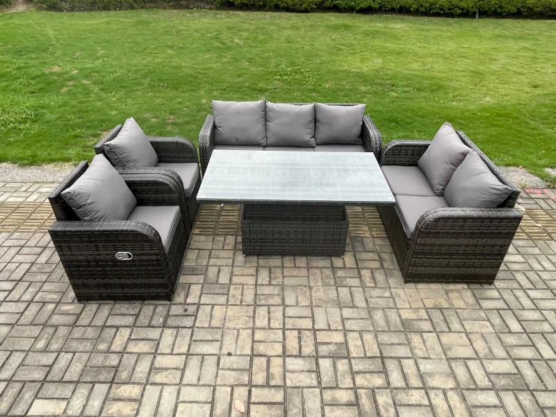 Image of Fimous Rattan Outdoor Garden Furniture Sets Height Adjustable Rising lifting Dining Table Reclining Chair Sofa Set Dark Grey Mixed Dark Grey