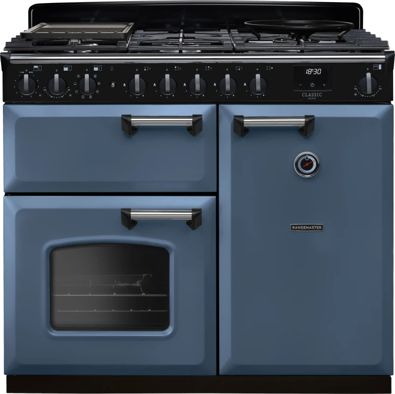 Image of Rangemaster Classic Deluxe 100 Dual Fuel CLDL100DFPSTB/CM1 100cm wide Dual Fuel Range Cooker with Gas Hob - Stone Blue / Chrome - A/A Rated
