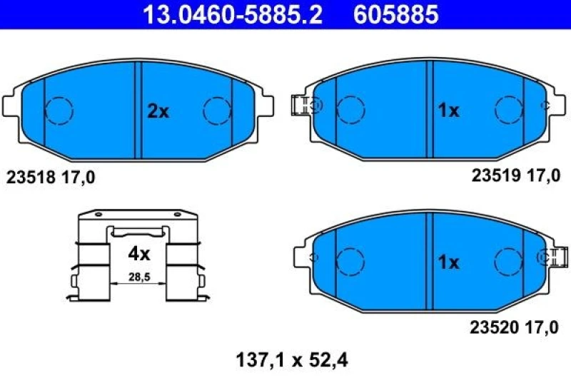 Image of ATE 13.0460-5885.2 Brake pad set with acoustic wear warning, with accessories Brake Pad Set,disc brake (402)