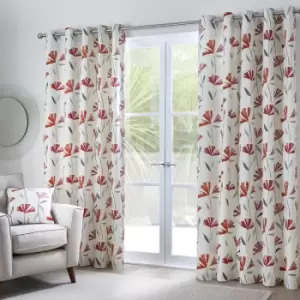 Image of Fusion Dacey Contemporary Floral Print 100% Cotton Eyelet Lined Curtains, Red, 46 x 54 Inch