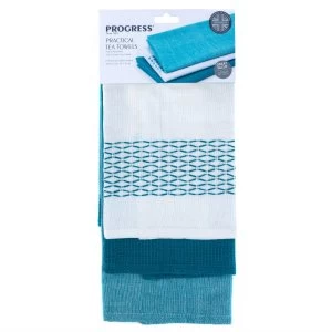 image of Progress Teal Cotton Tea Towels - Pack of 3