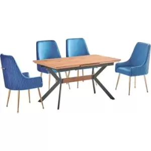 Image of 5 Pieces Life Interiors Soho Blaze Dining Set - an Extendable Oak Rectangular Wooden Dining Table and Set of 4 Blue Dining Chairs - Blue