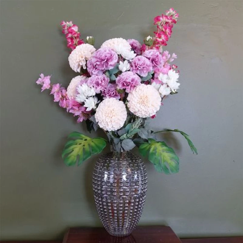 Image of Leaf Leaf 75cm Dahlia Artificial Flowers Tropical Blossom Bubble Vase Pink