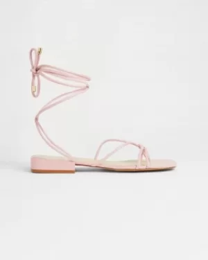 image of Leather Square Toe Spaghetti Strap Flat Sandal