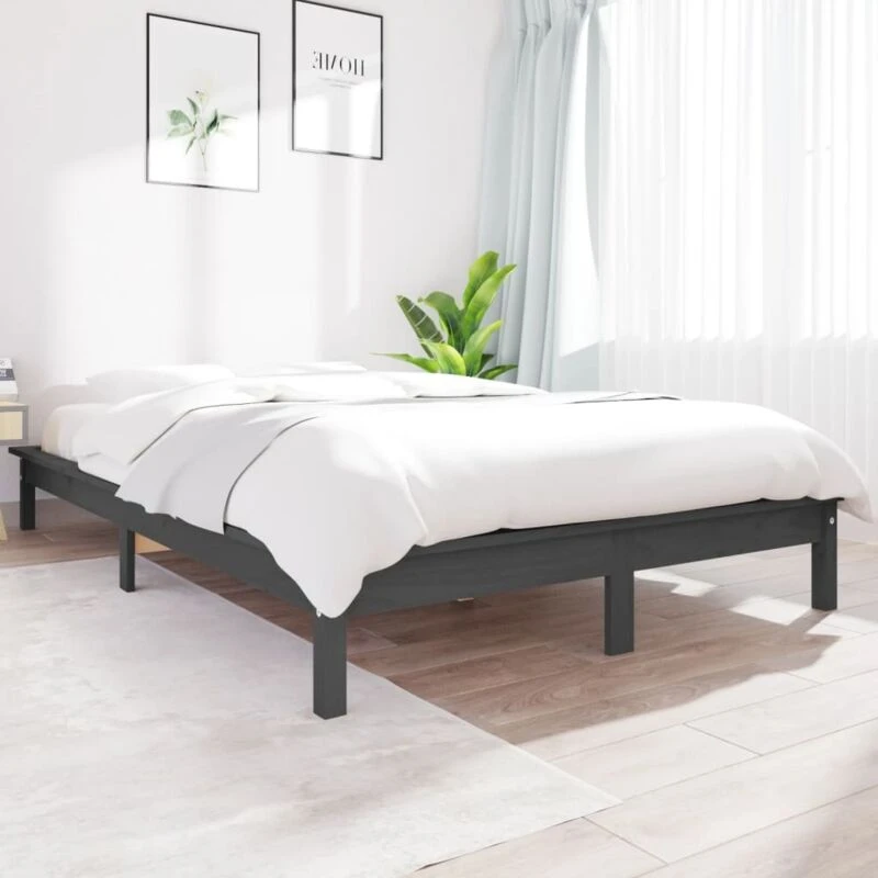 Image of Vidaxl Bed Frame Grey 140X190 Cm Solid Wood Pine, Grey 820588