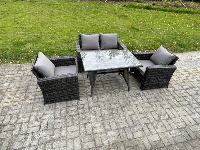 Image of Fimous Outdoor Garden Furniture High Back Rattan Sofa Dining Table Set Dark Grey Mixed Dark Grey Unisex