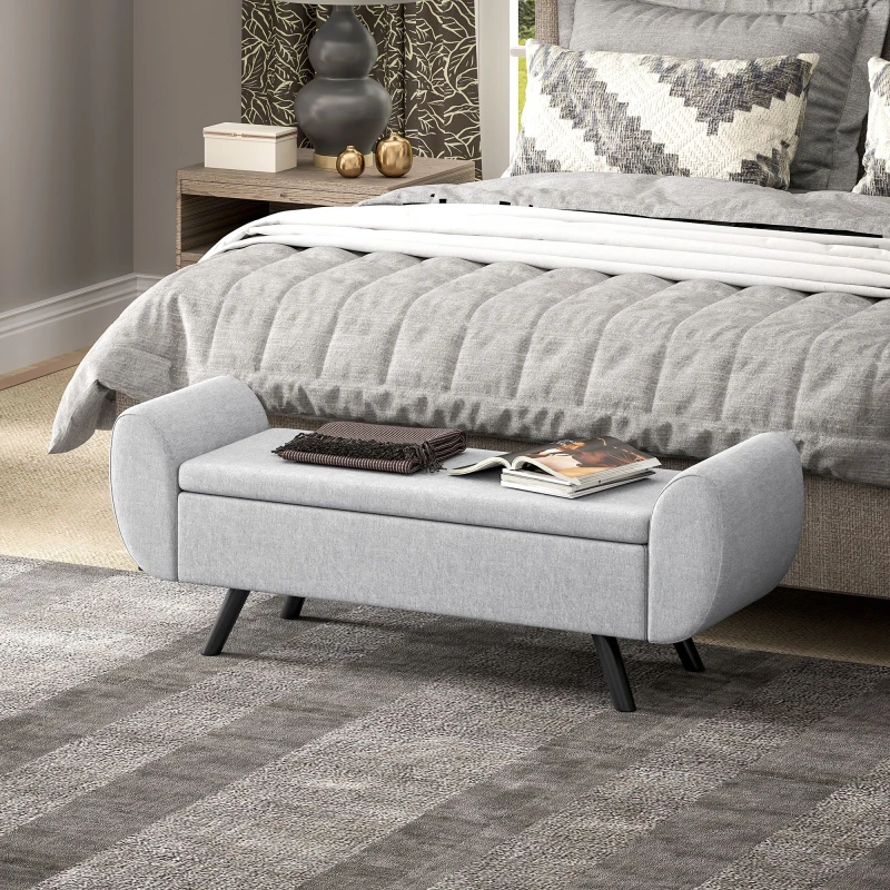 Image of HOMCOM HOMCOM Storage Ottoman with Armrest, Upholstered Linen Storage Bench in Light Grey Light Grey One Size Unisex 5063603901940