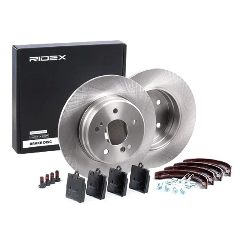 Image of RIDEX 3405B0063 Brake disc and pads set Rear Axle, Brake Disc Type: Solid Brake Set,disc brakes (3405)