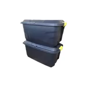 Image of 2 x 75L Heavy Duty Trunks on Wheels Sturdy, Lockable, Stackable and Nestable Design Storage Chest with Clips in Black