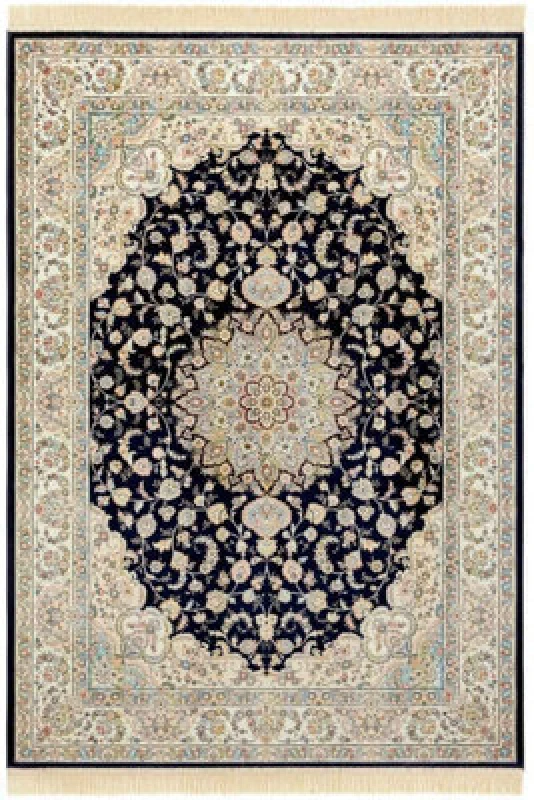 Image of The Rugs Oriental Velvet Nain Rug Medallion Fringed Viscose Living Room In Dark Blue