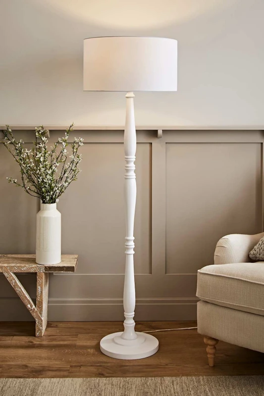 Image of ValueLights Victoria White Wood Traditional Stem Floor Lamp with Fabric Drum Shade White