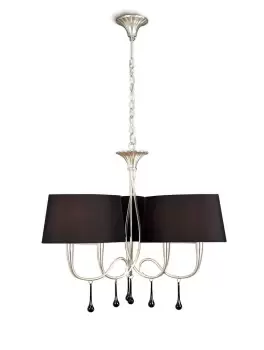 image of Paola Ceiling Pendant 3 Arm 6 Light E14, Silver Painted with Black Shades & Black Glass Droplets