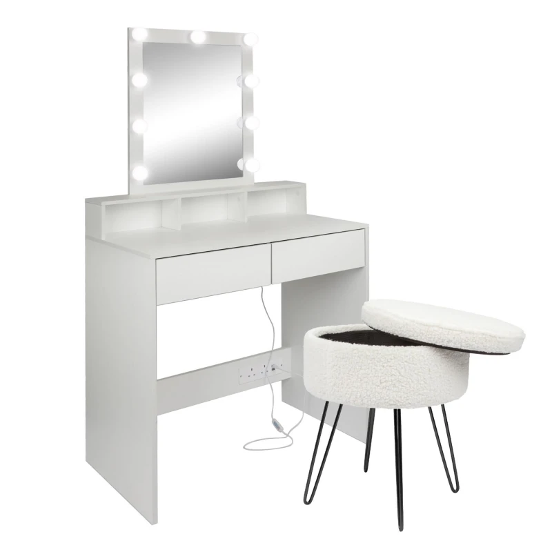 Image of Harbour Housewares Wooden Dressing Table Set with LED Lights & Stool in Cream Cream Unisex