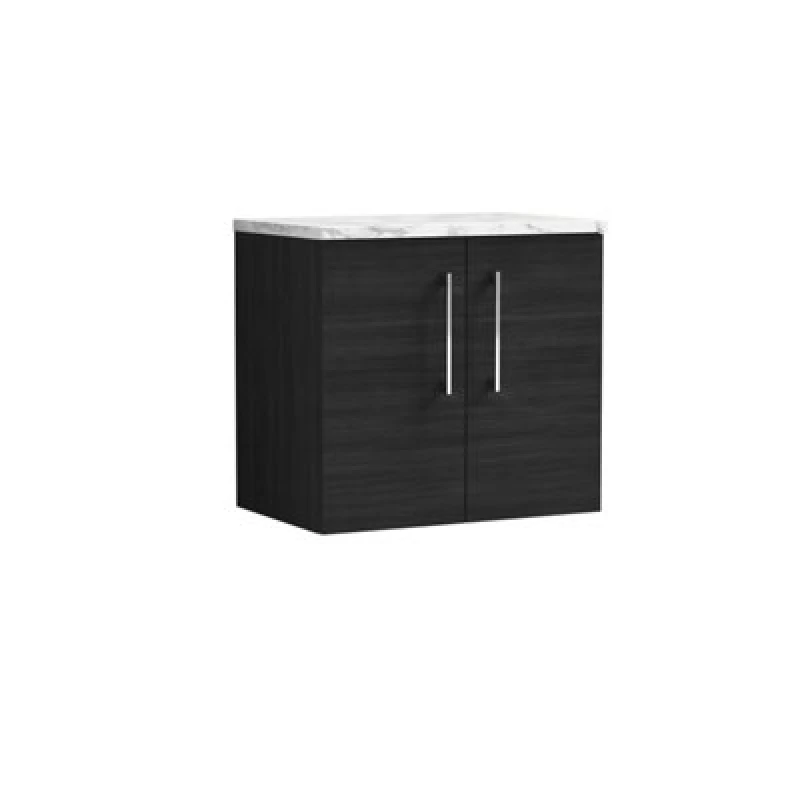 Image of NUIE Nuie - Arno Wall Hung 2-Door Vanity Unit with Carrera Marble Worktop 600mm Wide - Charcoal Black Woodgrain ARN623LCM