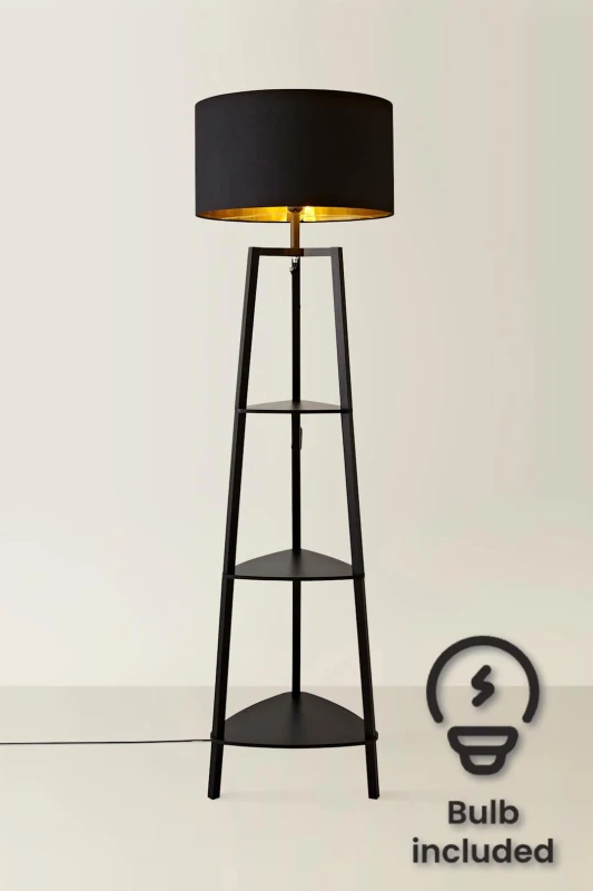 Image of ValueLights ValueLights Hiru Black 3 Tier Shelf Floor Lamp with Black and Gold Shade and Bulb Black One Size Unisex 5059406034442
