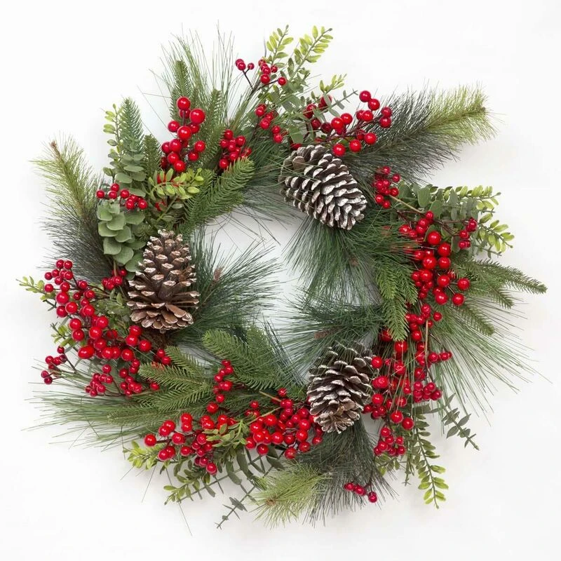 Image of Shatchi Red Berry & Pine Cone Wreath-60cm Green