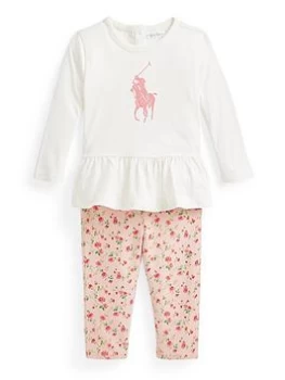 Image of Ralph Lauren Baby Girl Long Sleeve Polo T Shirt And Legging Set - White, Size 12 Months