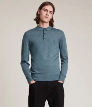 Image of AllSaints Mens Mode Merino Long Sleeve Polo Shirt, Adventurer Blue ML, Size: M