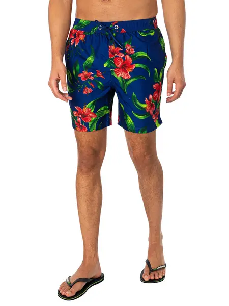 Image of Superdry Hawaiian Print 17 Swim Shorts Hibiscus Royal Blue L