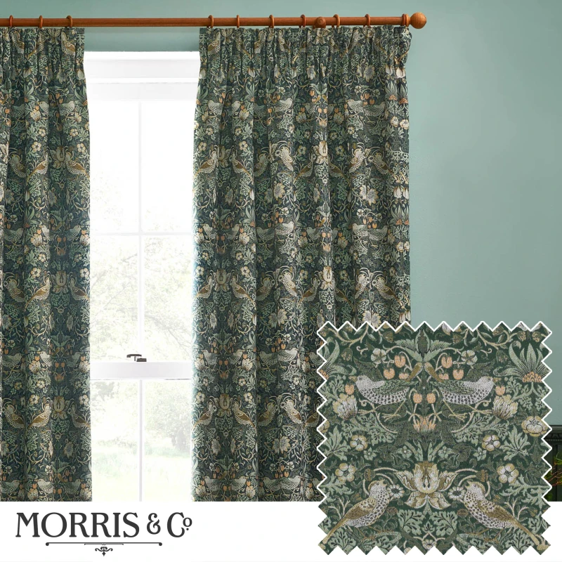 Image of Morris & Co Morris & Co Strawberry Thief Jacquard Jacquard Floral Room Darkening Pencil Pleat Curtains in Green Size: 168cm width x 229cm drop Green