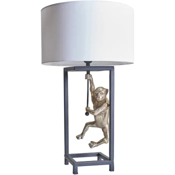 image of Antique Brass Hanging Monkey Cubed Table Lamp with Lampshade - White