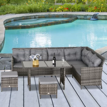 Image of Outsunny 6 PC Garden Rattan Corner Dining Sofa Set 7-seater Outdoor Wicker Conservatory Furniture Lawn Patio Coffee Table Foot Stool w/ Cushion - Grey