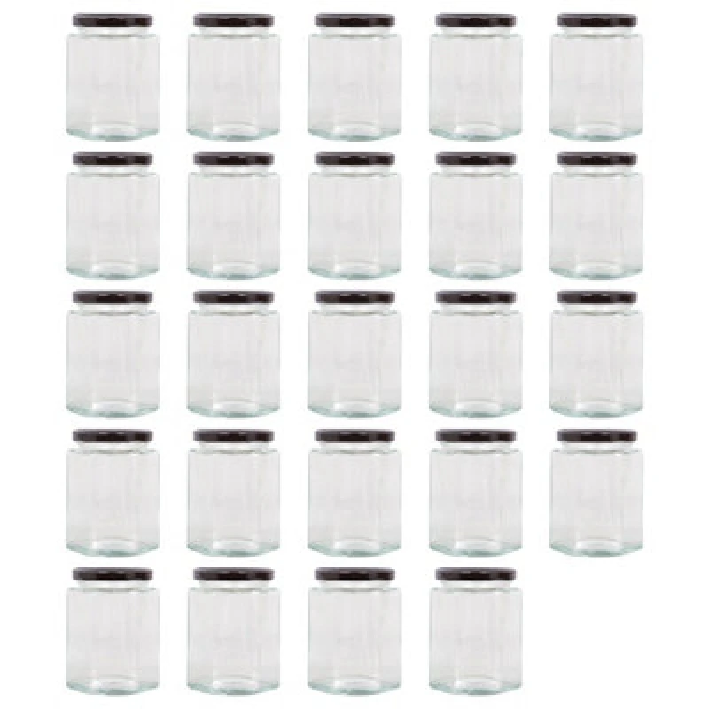 Image of Argon Tableware Hexagonal Glass Jam Jars With Black Lids - 250ml - Pack Of 24