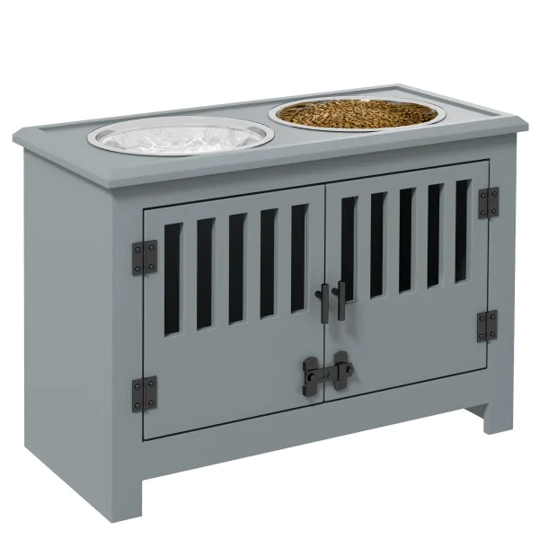 Image of Dog Feeding Station Raised Pet Feeder W/ Storage, Food and Water Bowls - Grey