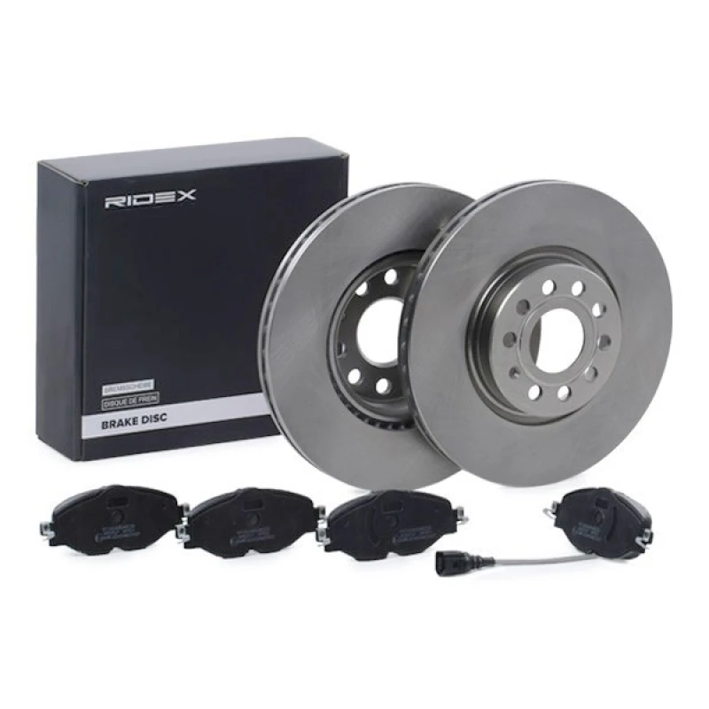 Image of RIDEX 3405B0411 Brake disc and pads set Front Axle, Brake Disc Type: Vented, incl. wear warning contact Brake Set,disc brakes (3405)