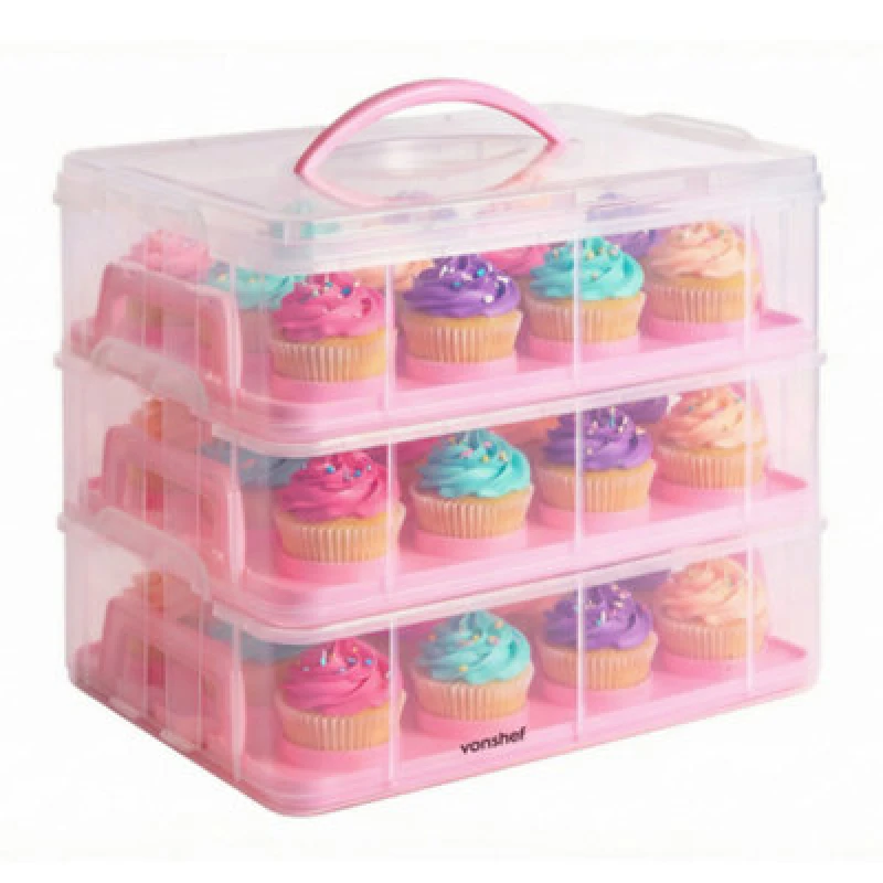 Image of VonShef Three Tier with Handles Muffin Cupcake Carrier Pink