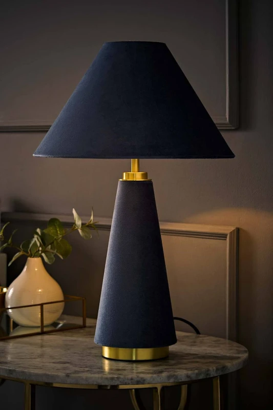 Image of ValueLights Martha Conical Lamp Shade Velvet Boucle Fabric Table Lamp with Bulb in Navy Navy Unisex