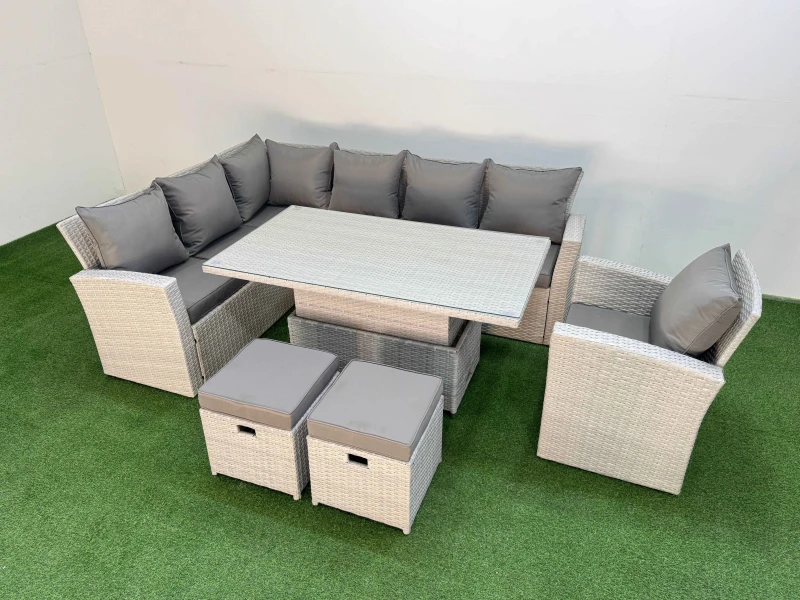 Image of Fimous 9 Seat Garden Furniture Corner Sofa with 2 Small Footstools Light Grey Light Grey Unisex