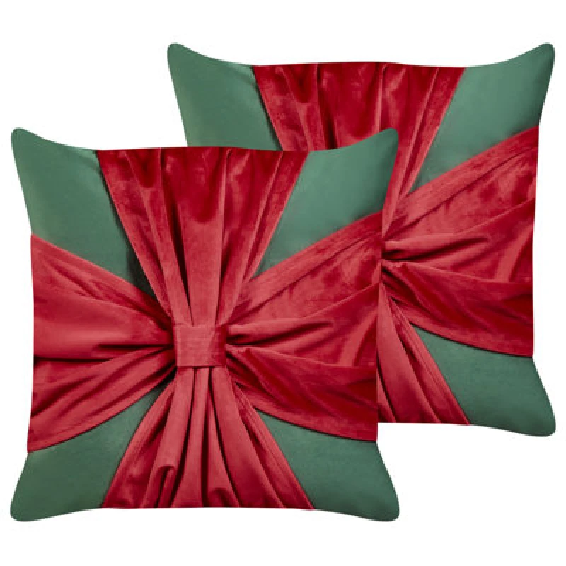 Image of Beliani Set Of 2 Decorative Cushions Marshmallow Velvet 45 X 45cm Red Green Christmas Motif