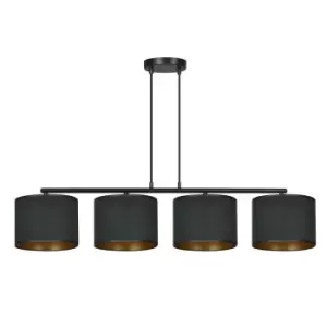 Image of Hilde Black Bar Pendant Ceiling Light with Black Fabric Shades, 4x E27
