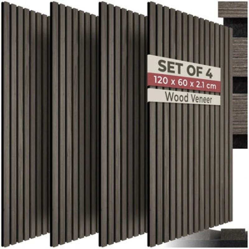 Image of Tectake Acoustic Wall Panels With Wood Veneer Slats, Thick Felt And Easy To Install Set Of 4 - Oak Gray