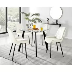 Image of Furniturebox UK - Furniturebox Seattle Glass and Black Metal Leg Square Dining Modern Industrial Dining Table & 4 Cream Pesaro Black Leg Velvet Chairs