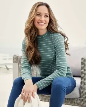 Image of Cotton Traders Womens Wrinkle Free Long Sleeve Stripe Turtleneck in Green