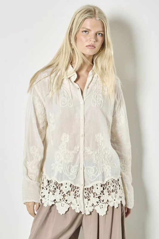 Image of Apricot Womens Embroidered Cotton Mesh Lace Oversized Shirt in Stone Size: 14 Stone Female 14