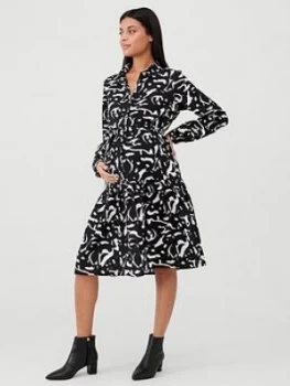 image of Mama-Licious Serena Long Sleeve Printed Maternity Dress - Black White