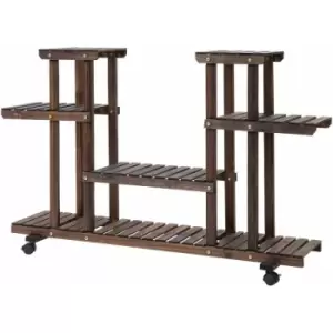 Image of 4-Tier Wooden Plant Stand w/ Wheels Handle Indoor Outdoor Flower Pot - Outsunny