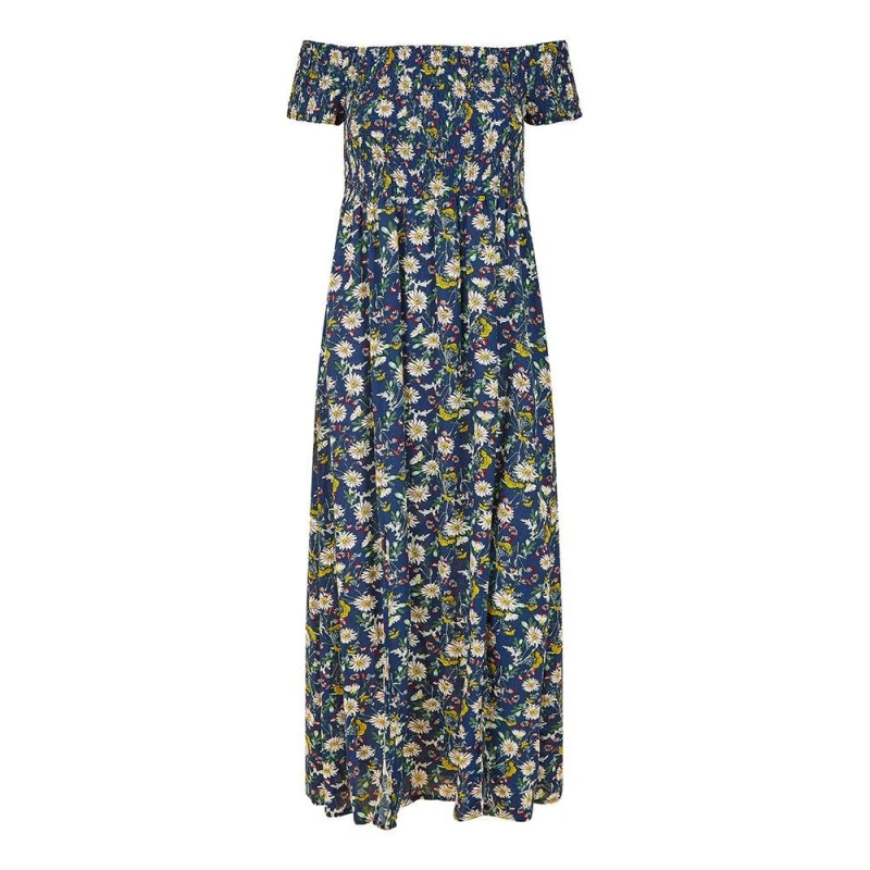 Image of Mela Navy Floral Print Bardot Midi Dress With Split Hem Navy female