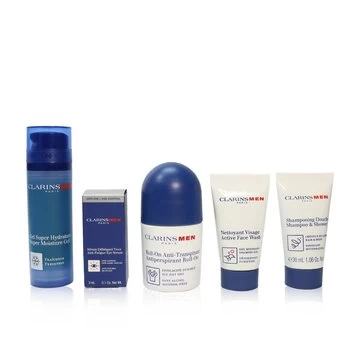 image of ClarinsMen Grooming Essentials For Men Travel Exclusive Kit: Moisture Gel 50ml + Face Wash 30ml + Eye Serum 3ml + Antiperspirant Roll-On 50ml + Shampo