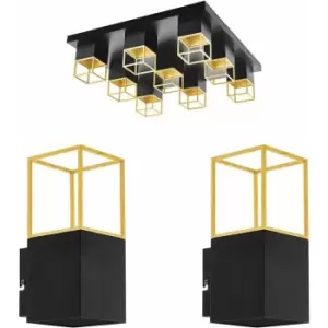 Image of Low Ceiling Light & 2x Matching Wall Lights Black & Gold Square Trendy Feature