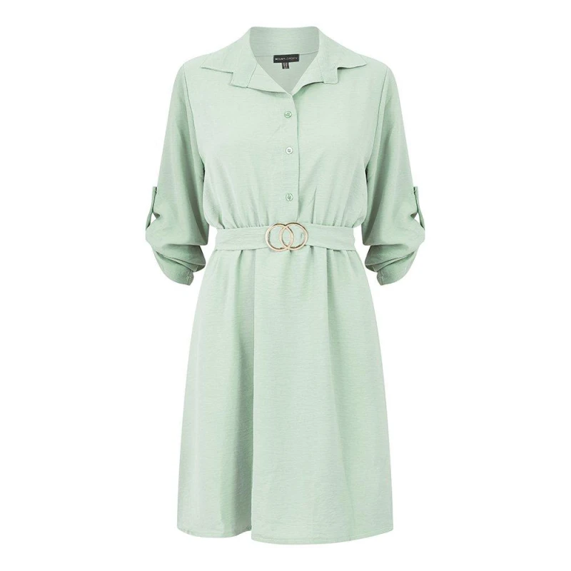 Image of Mela London Mela London Green Gold Buckle Skater Shirt Dress Green 10